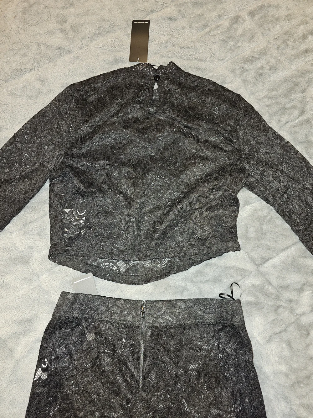 NWT privy Black Lace Wide-Leg Pants with Matching Lace Crop Top
